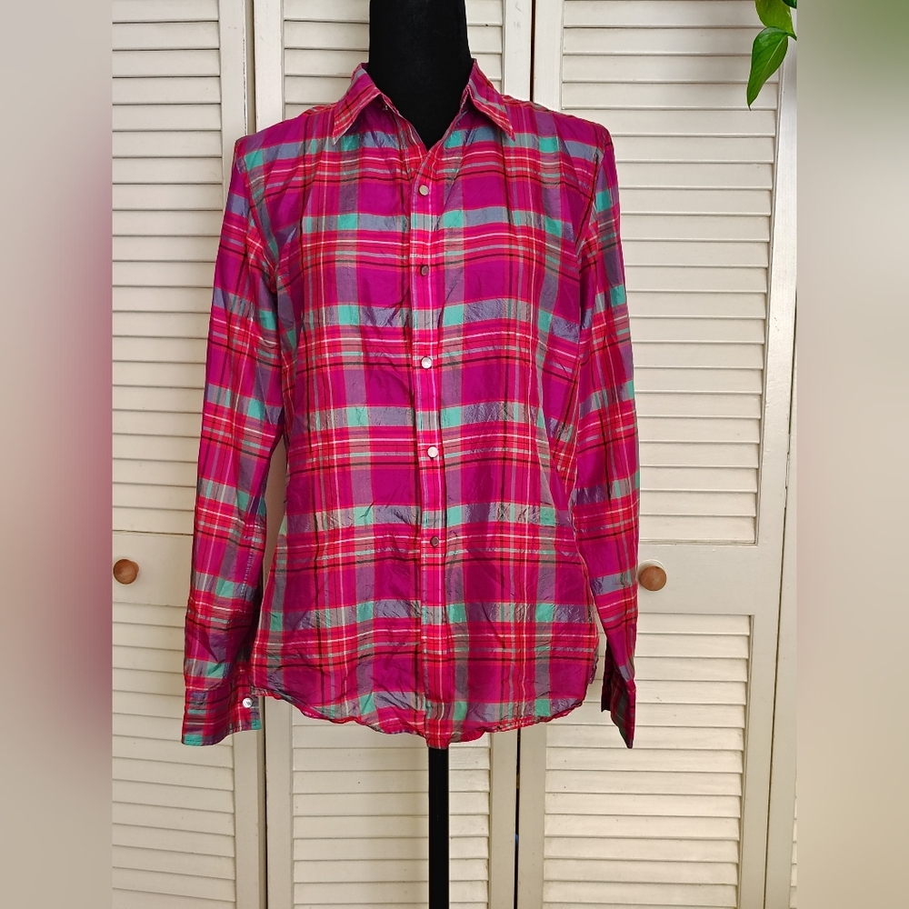 Vintage 90s/2000s 100% Silk Ralph Lauren Pink Plaid Button-Up Size S - Like New!